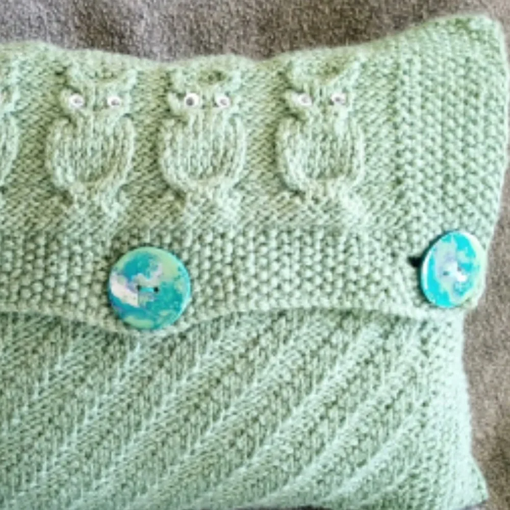 Hand Crafted Pillow Knit Sage Green Owl Googly Eye Hand Painted Button H…